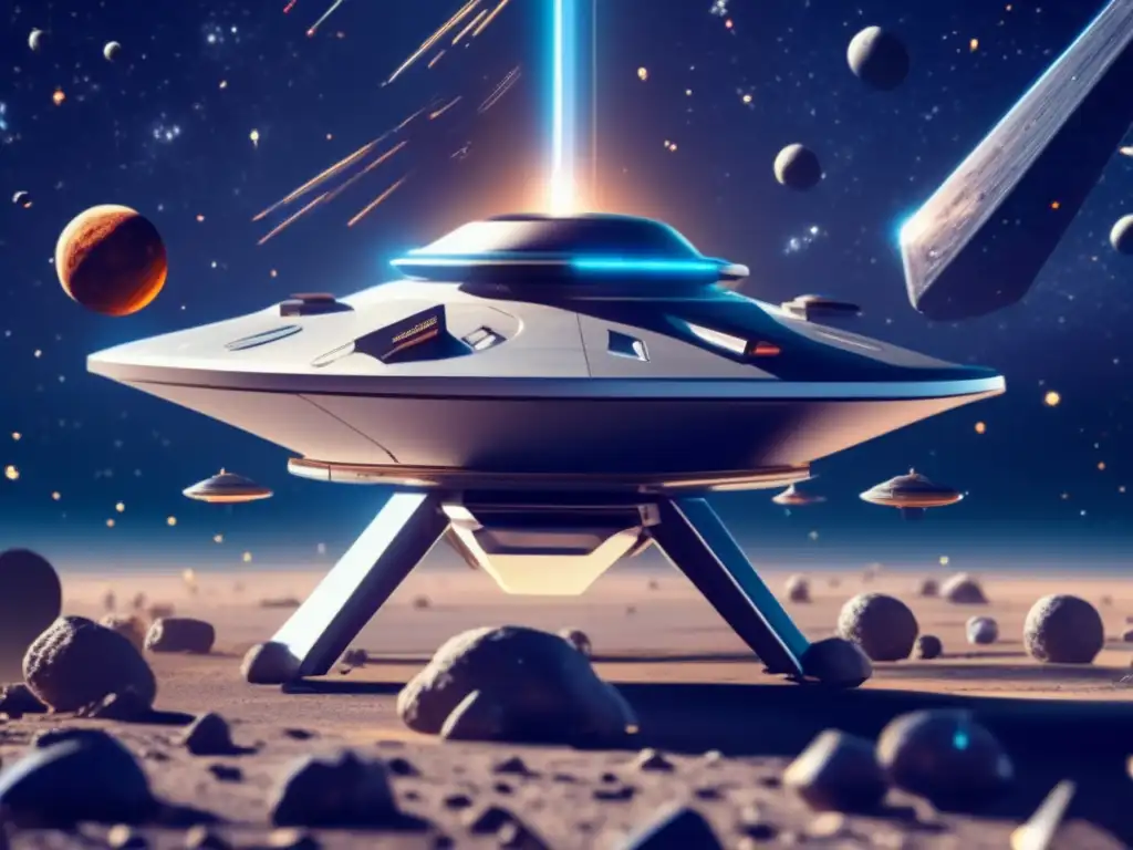 Nave futurista en el espacio con asteroides Nave espacial futurista rodeada de asteroides en el espacio - Origen asteroides sistema solar
