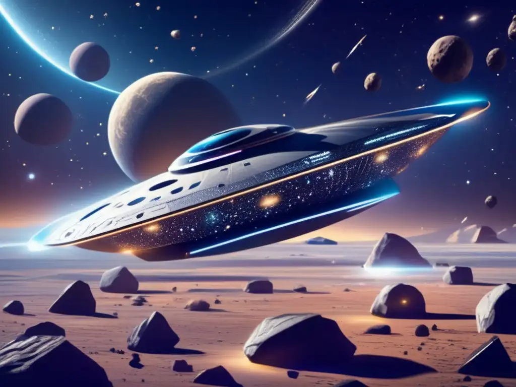 Nave espacial futurista en espacio estrellado Una nave espacial futurista rodeada de meteoritos en un paisaje cósmico de ensueño