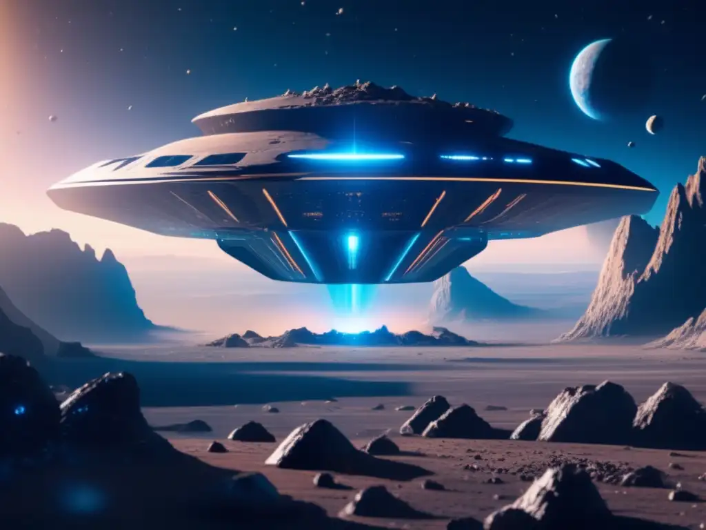 Nave espacial moderna en asteroide Nave espacial moderna sobre asteroide: deslumbrante imagen 8k ultradetallada, con materiales avanzados y diseño aerodinámico