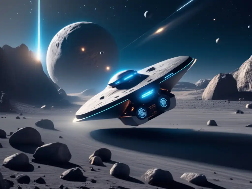 Nave futurista en sistema binario Nave futurista estudiando asteroides binarios, desvelando misterios gravitacionales