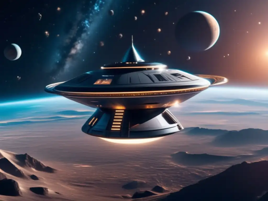 Nave futurista en el espacio profundo Nave futurista explorando asteroides en el espacio profundo