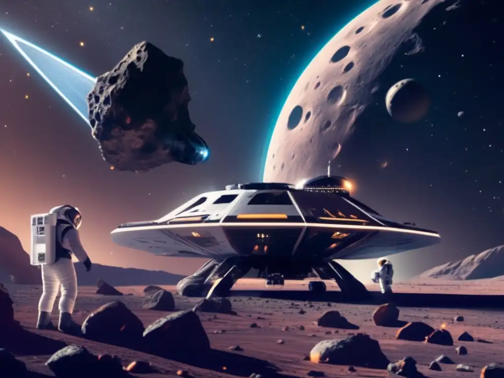 Futurista nave espacial en asteroide Nave futurista explorando asteroides tipo C en el espacio