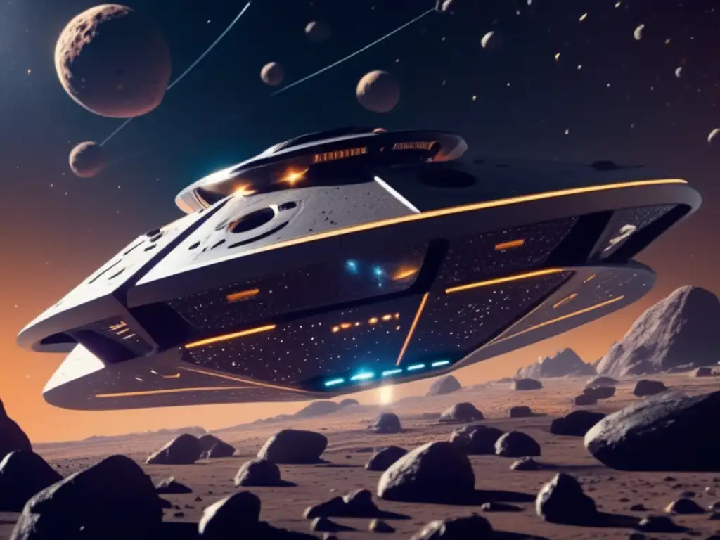 Nave espacial futurista en campo de asteroides Nave futurista navegando por campo de asteroides