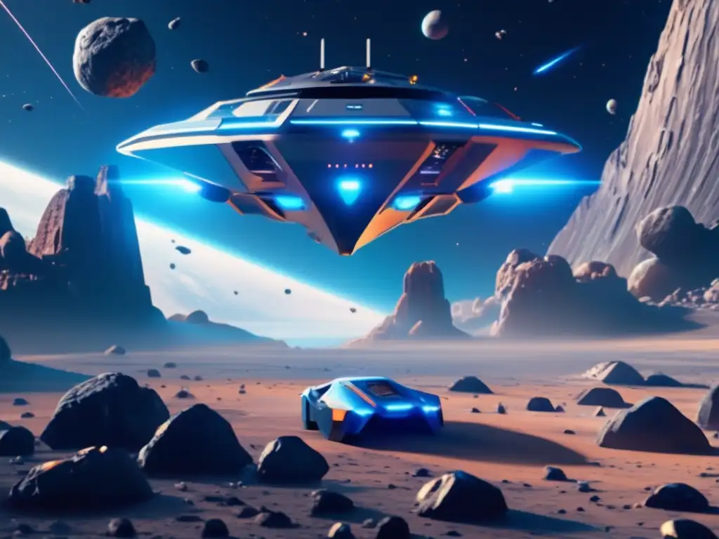 Nave futurista en campo de asteroides Nave futurista en campo de asteroides: Exploración espacial con realidad aumentada