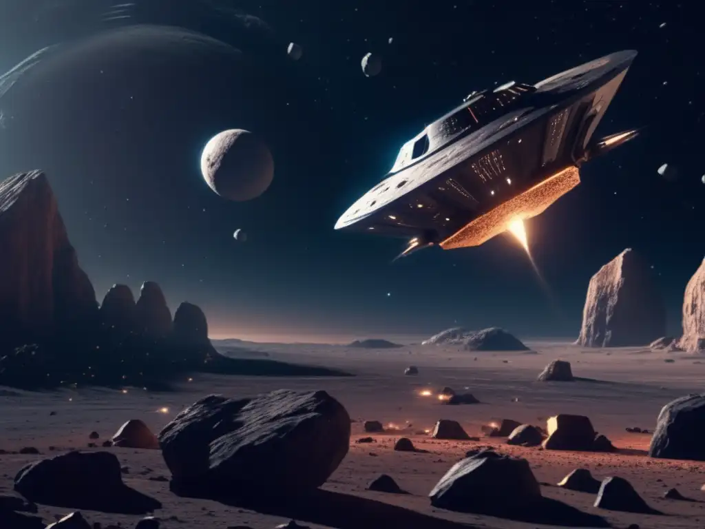 Nave futurista en cinturón principal de asteroides: desafíos y misiones (110 caracteres)