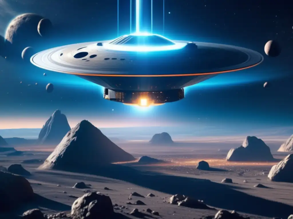 Nave futurista en el cinturón principal de asteroides, desafíos y belleza de la exploración espacial (Desafíos misiones asteroides cinturón principal)