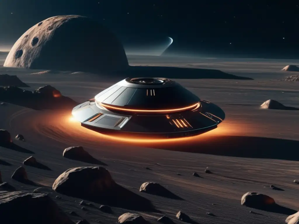 Nave futurista en el espacio cerca de asteroide metálico