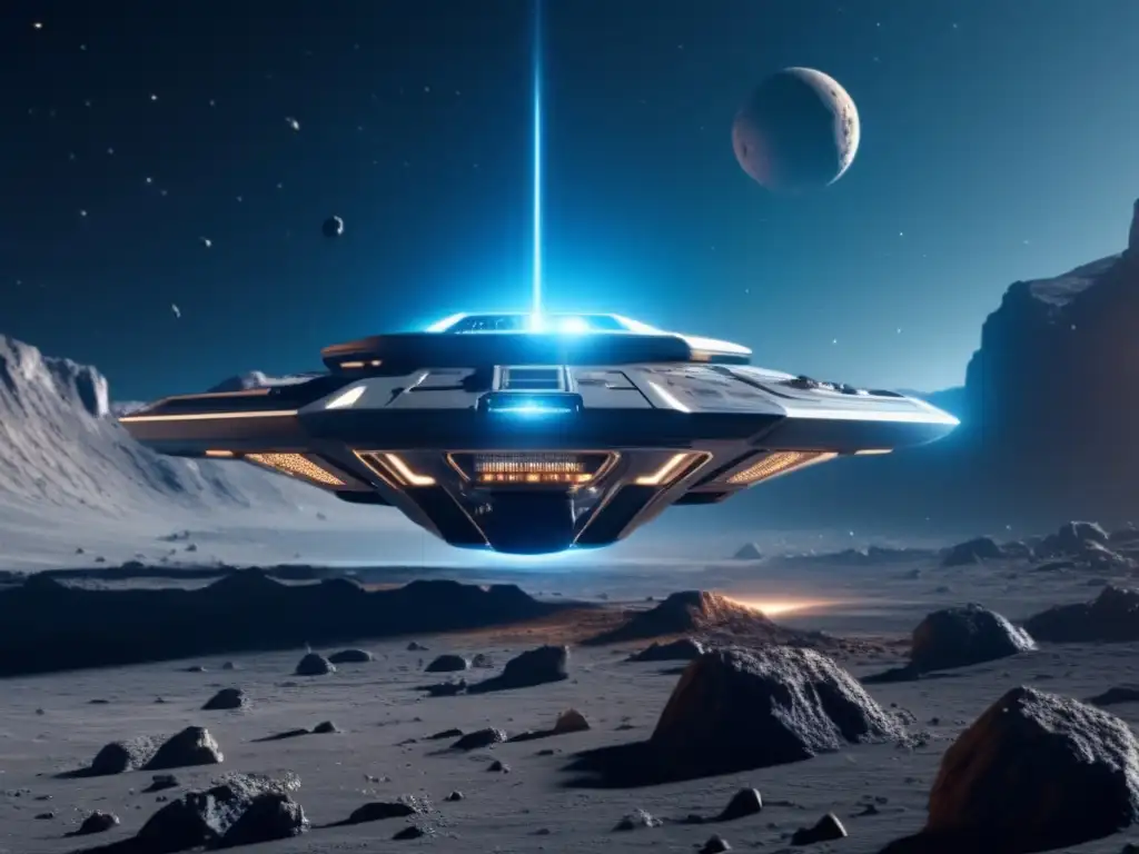 Nave espacial futurista en asteroide Una nave futurista flota sobre asteroide en el espacio, con detalles intrincados y sistemas avanzados de propulsión