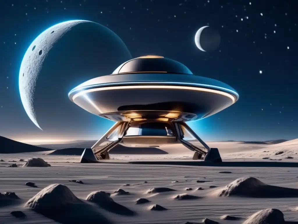 Nave espacial futurista sobre la luna Nave futurista en luna desolada, refleja la luz celeste y muestra avanzada tecnología - Valorización de recursos espaciales con IA