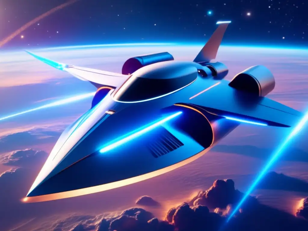 Nave futurista con motores de plasma para asteroides en el espacio estelar (110 caracteres)