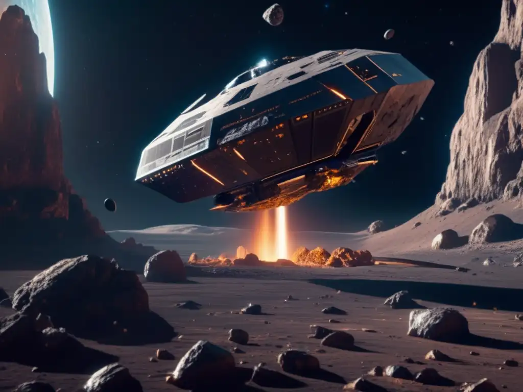Nave futurista extrayendo recursos Nave futurista extrae recursos en asteroide: Planificación de extracción de recursos asteroidales