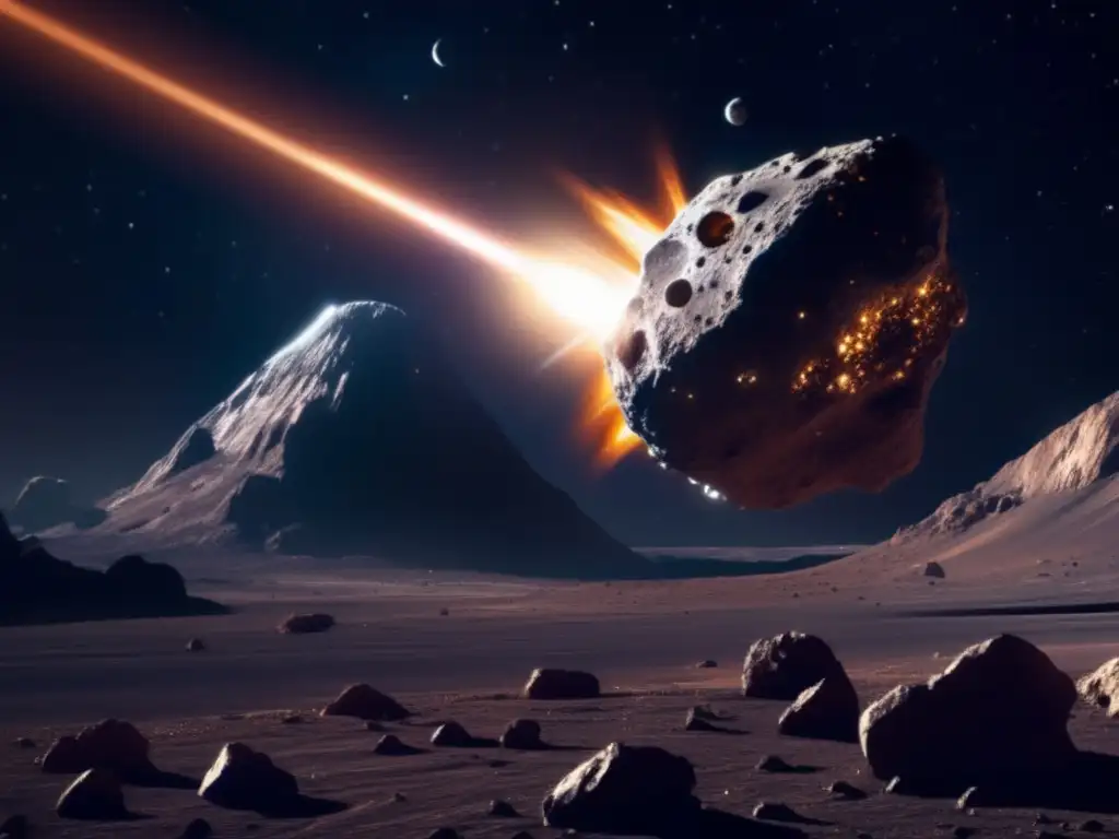 Nave futurista y asteroide en el espacio Nave futurista cambia trayectoria asteroides en exploración espacial