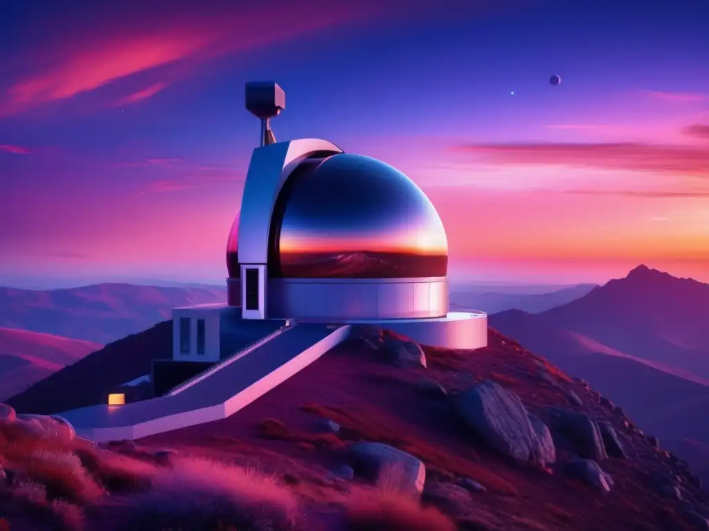 Caza NEOs: Detección y rastreo de asteroides en observatorio moderno con tecnología avanzada y paisaje natural impresionante