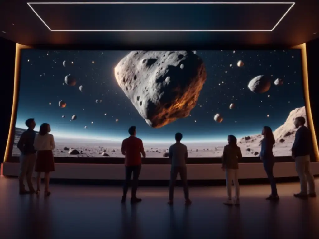 Niños emocionados aprendiendo sobre asteroides Niños entusiastas en aula futurista exploran visualización 3D de asteroide - Aplicaciones educativas sobre asteroides