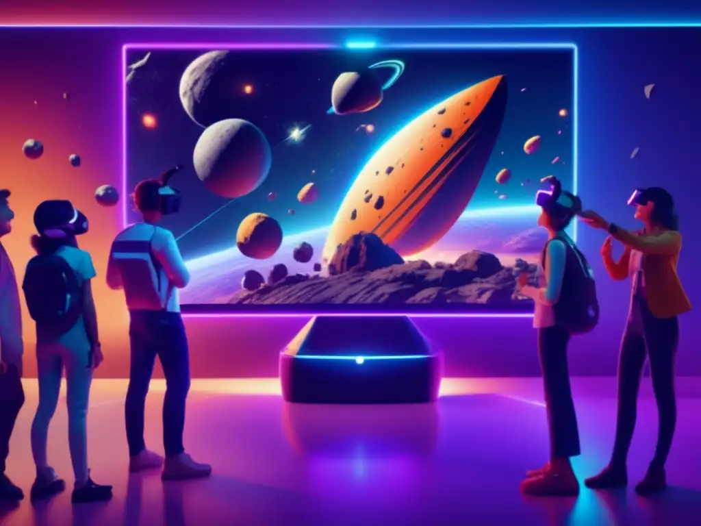 Niños entusiastas disfrutan de videojuego educativo de asteroides en aula futurista