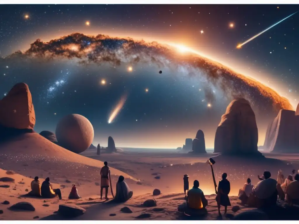 Noche estrellada con antiguas civilizaciones observando 8K imagen noche estrellada con antiguas civilizaciones admirando asteroide y símbolos celestiales