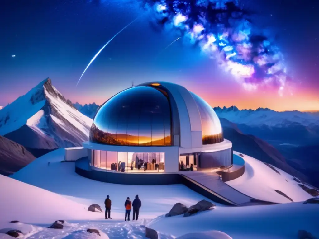 Observatorio de alta tecnología en la cima de una montaña Un observatorio de alta tecnología en la cima de una montaña, rodeado de una cúpula futurista transparente