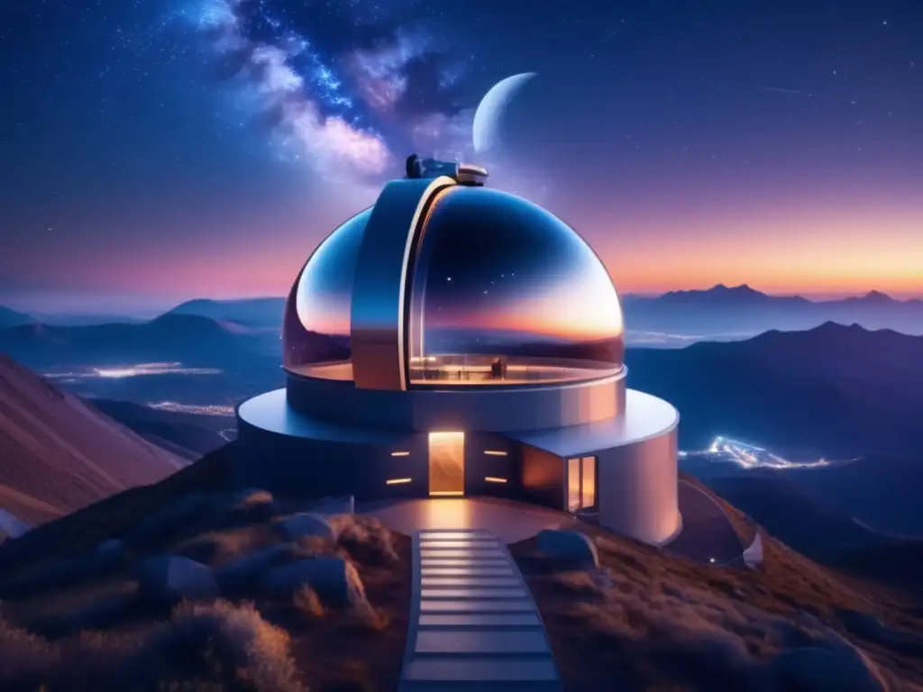 Observatorio de alta tecnología en la cima de la montaña Observatorio de alta tecnología en la montaña, con vista panorámica del cielo estrellado