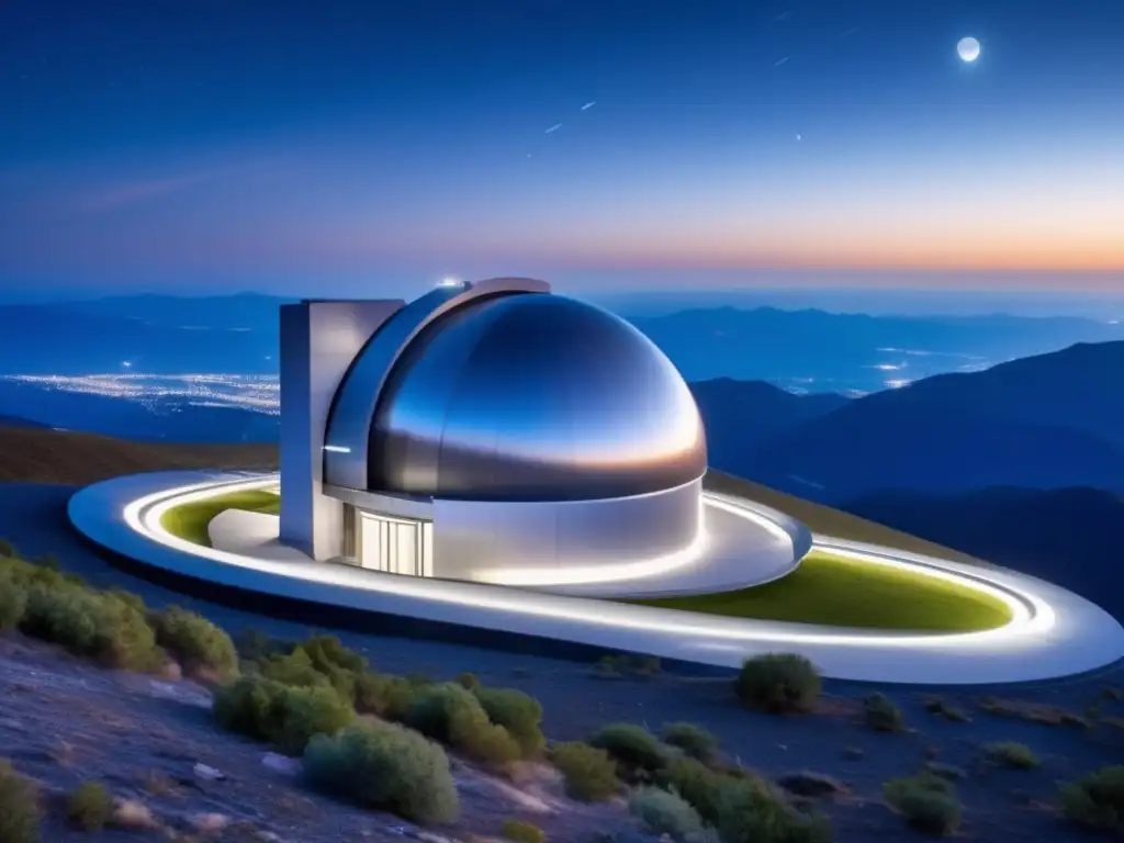 Observatorio astronómico moderno en la cima de la montaña Observatorio astronómico moderno con telescopios y órbitas de asteroides no detectados