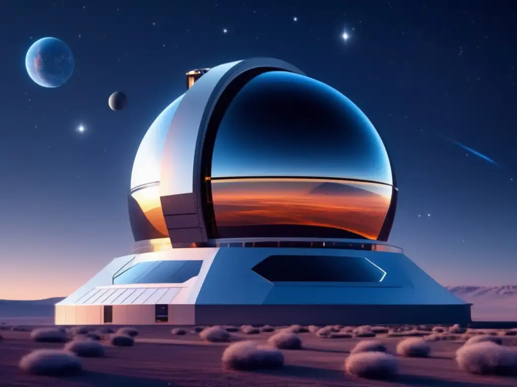 Observatorio espacial de alta tecnología con IA avanzada y telescopios potentes que escanean para asteroides