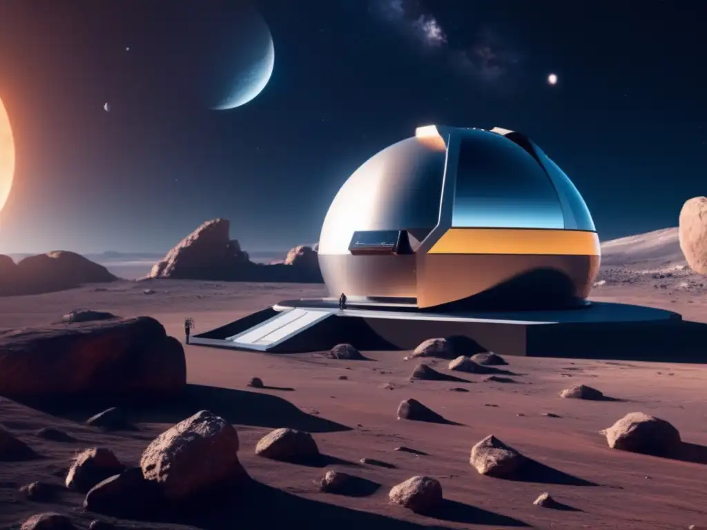 Observatorio espacial futurista en asteroide Observatorio espacial futurista en asteroide, telescopio avanzado capturando NEOs, estrellas brillantes en fondo oscuro