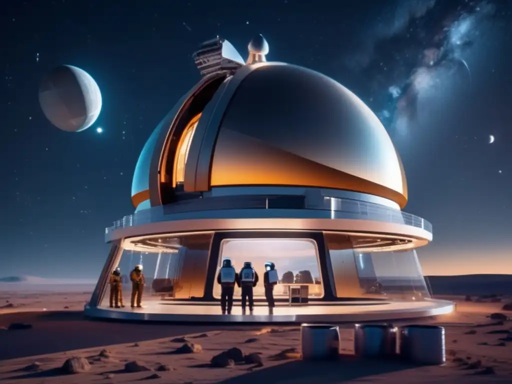Observatorio espacial futurista, científicos vigilantes en busca de asteroides