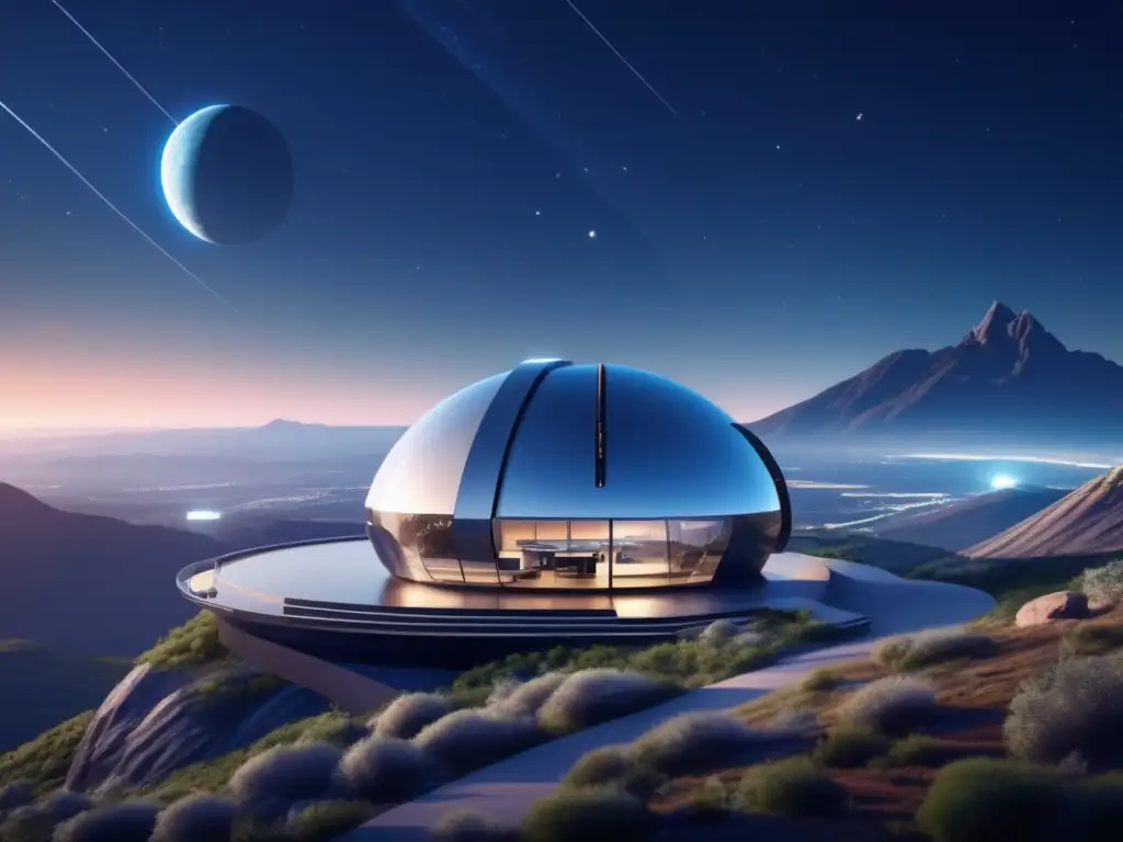 Observatorio futurista en la montaña Observatorio espacial futurista en montaña, científicos identificando asteroides para minería espacial