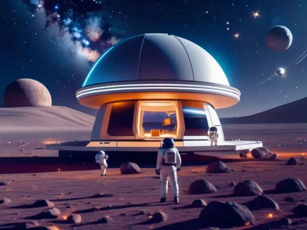 Observatorio espacial futurista en el cosmos Observatorio espacial futurista y científicos estudiando asteroides: tecnología cotidiana y misterios del universo