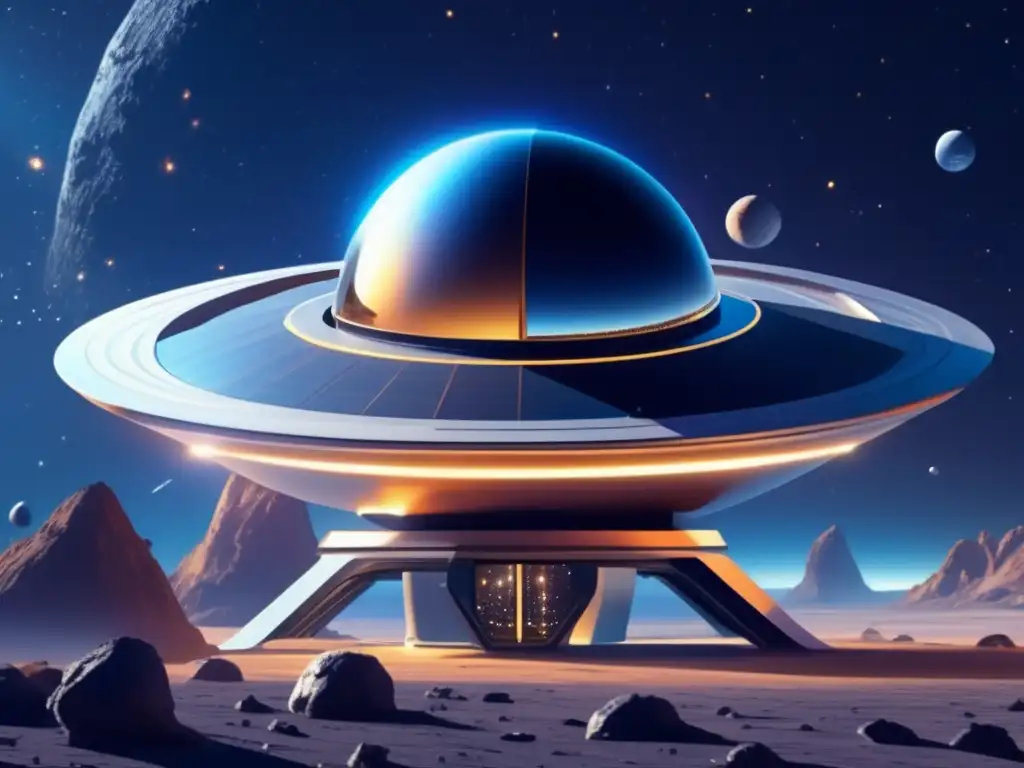 Observatorio espacial futurista en el cosmos Un observatorio espacial futurista flota en el espacio rodeado de asteroides, destacando las órbitas de asteroides no detectados