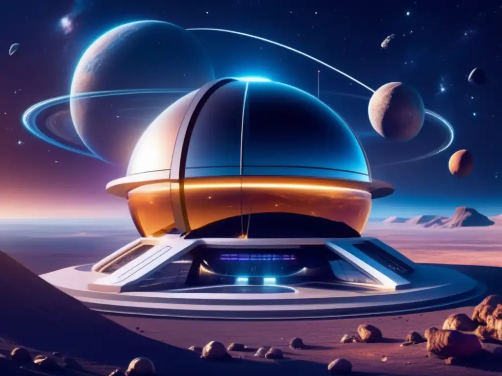 Observatorio espacial futurista con órbitas de asteroides en el sistema solar