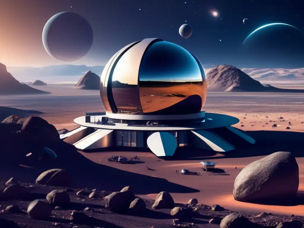 Observatorio futurista y telescopios capturando asteroide Observatorio espacial futurista en planeta rocoso, con telescopios apuntando al cielo