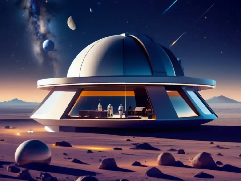 Observatorio espacial futurista con tecnología avanzada y científicos trabajando en alerta temprana asteroides peligrosos