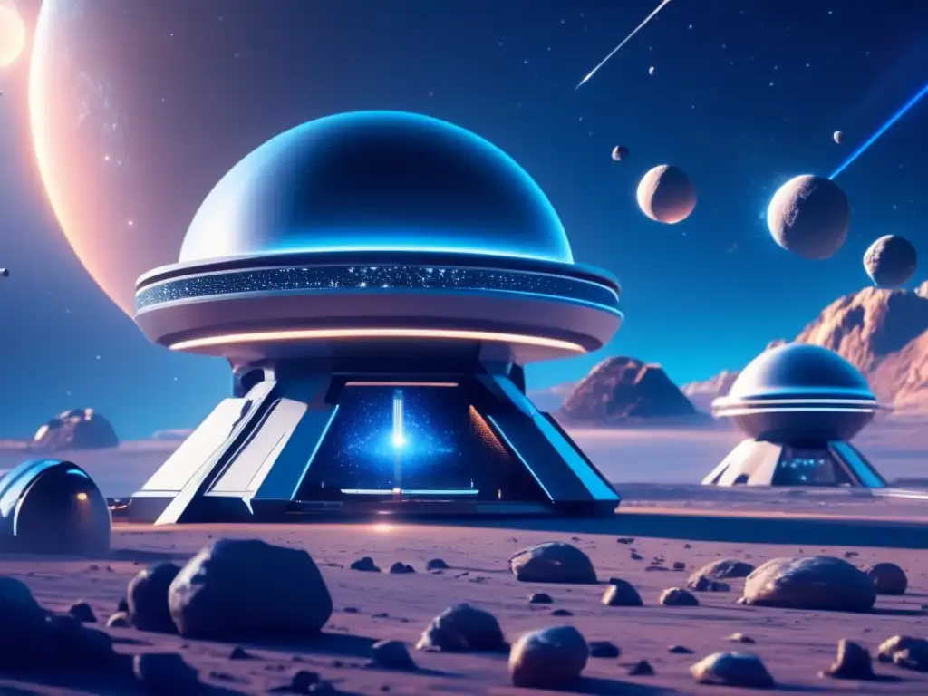 Observatorio espacial futurista con telescopios apuntando a un fascinante grupo de asteroides