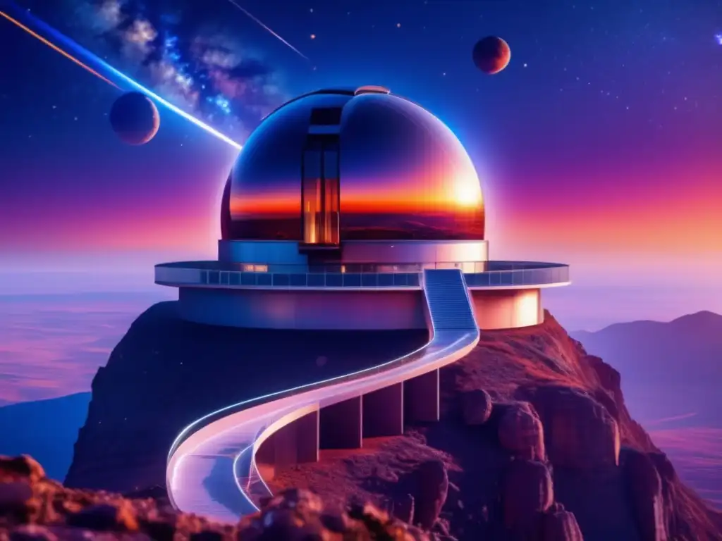 Observatorio futurista en acantilado, telescopio apuntando al cielo estrellado