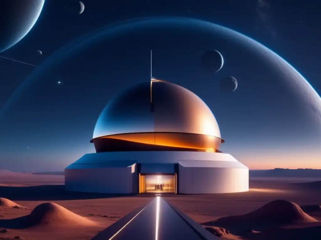 Observatorio futurista monitoreando asteroides en un cielo estrellado (Importancia programas monitoreo asteroides)