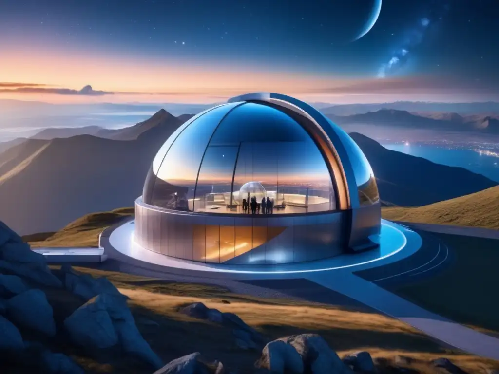 Observatorio tecnológico protegiendo la Tierra Observatorio futurista en montaña, científicos vigilan asteroides y protegen la Tierra
