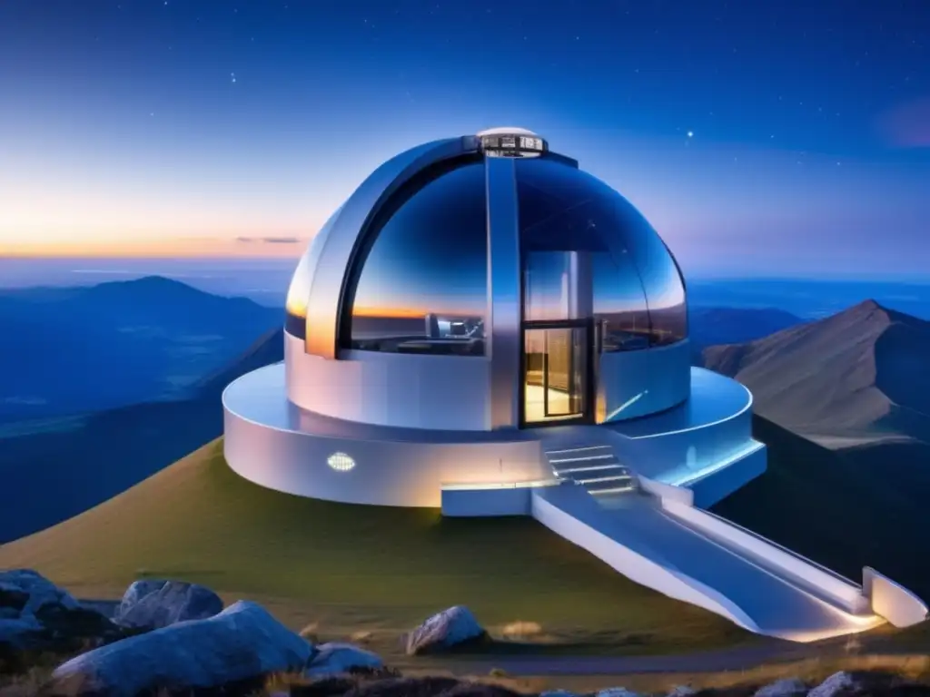 Observatorio futurista en la montaña Observatorio futurista en la cima de una montaña, rodeado de paisaje natural