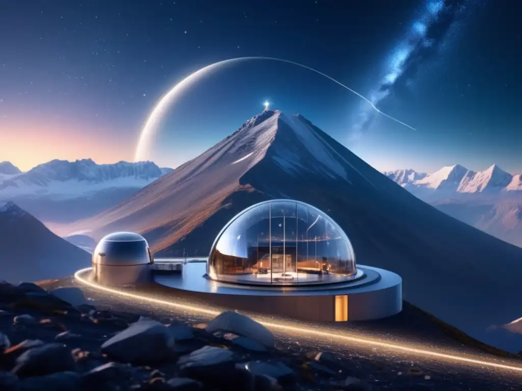 Observatorio futurista en la cima de una montaña Observatorio futurista en la cima de una montaña con científicos monitoreando el cielo en busca de asteroides