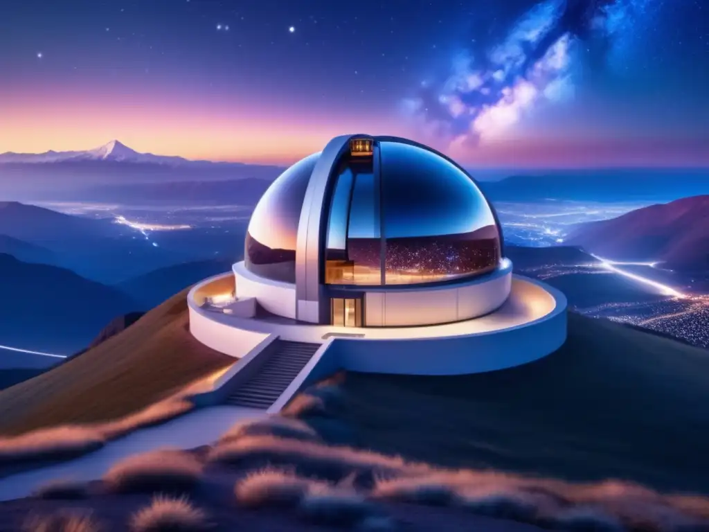 Observatorio futurista en la montaña, con telescopio apuntando al cielo estrellado