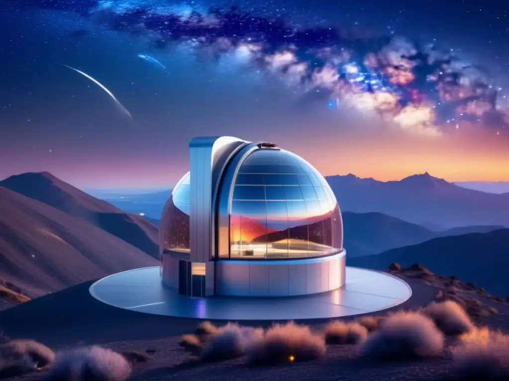 Observatorio futurista en montañas, científicos analizando datos y tecnología avanzada en monitoreo de asteroides