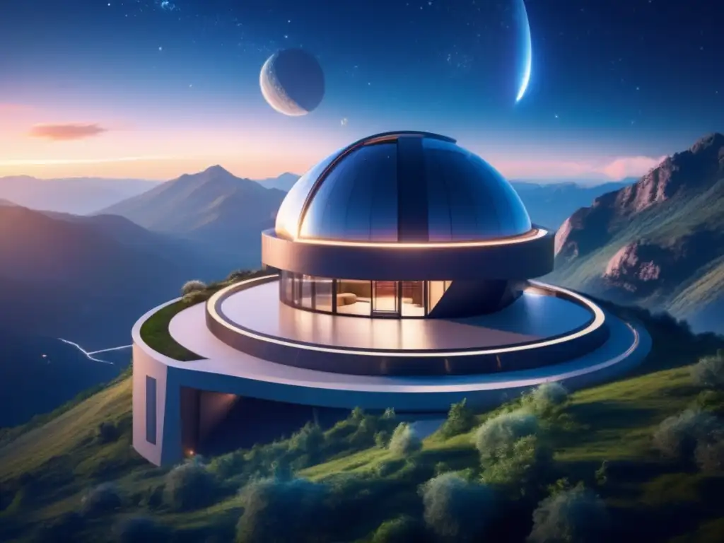 Observatorio futurista en montañas, rodeado de naturaleza exuberante