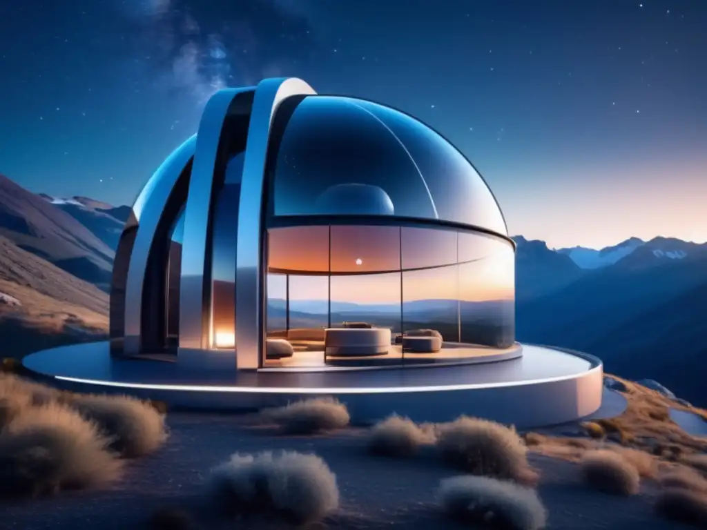 Observatorio futurista en las montañas Observatorio futurista en las montañas, con tecnología avanzada, telescopios y vista impresionante del cielo estrellado