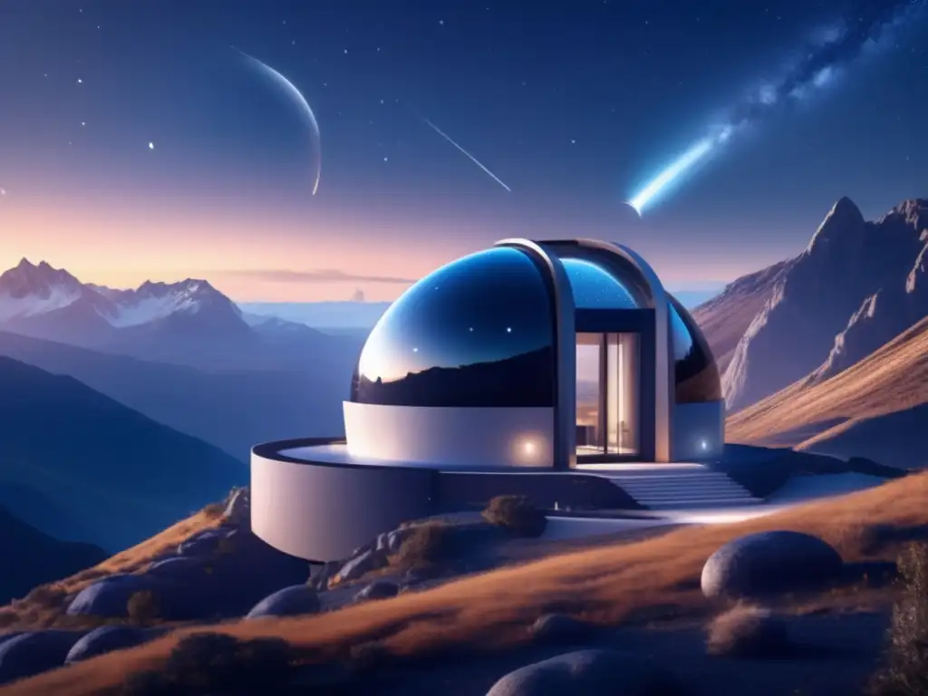 Observatorio futurista en la montaña Observatorio futurista en paisaje montañoso con estrellas y asteroide