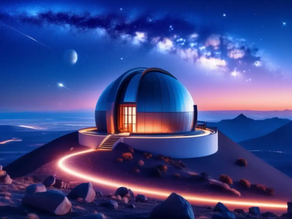 Observatorio hightech en montaña, asteroide iluminando el cielo: Descubrimiento asteroides terrestre