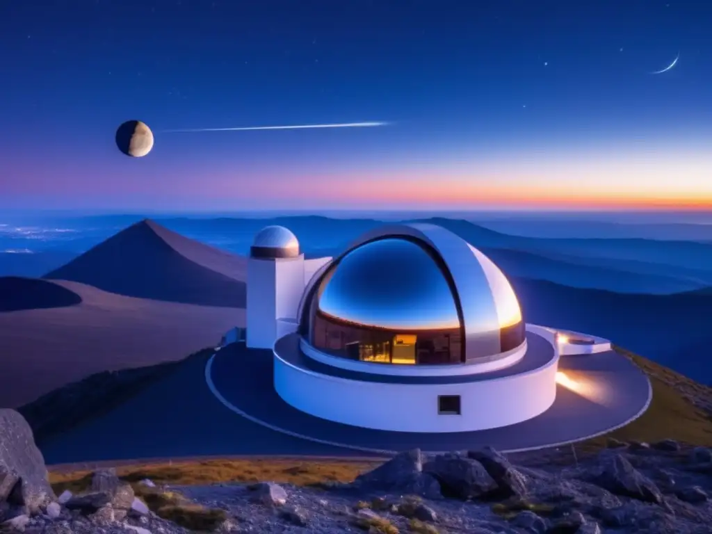 Observatorio moderno en la cima de la montaña Observatorio moderno en la cima de una montaña, con cielo nocturno estrellado