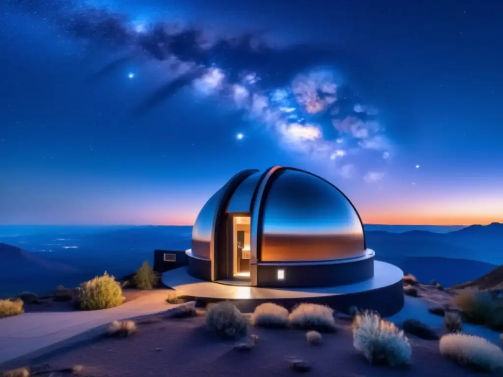Mejores lugares para observar estrellas Un observatorio moderno en la cima de una montaña, con telescopio apuntando al cielo estrellado