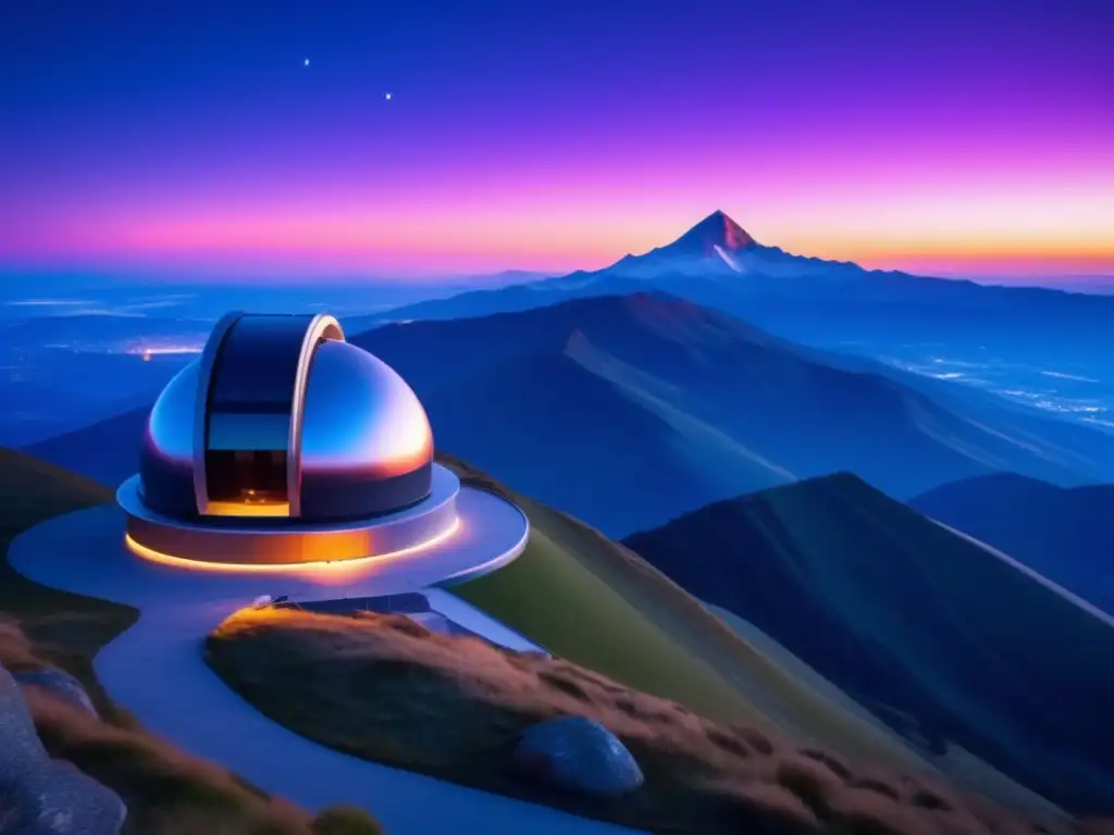Observatorio moderno en montaña pintoresca Un observatorio moderno en una montaña pintoresca, con un telescopio avanzado y paisaje estrellado