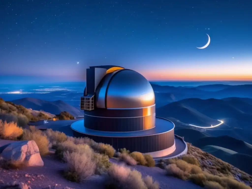Telescopio avanzado y la belleza del universo Observatorio montañoso con telescopio avanzado y hermoso cielo estrellado
