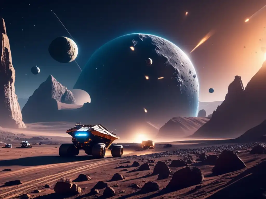 Oportunidades inversión asteroides basálticos: escena futurista minera espacial 8k con maquinaria avanzada, trabajadores y espectaculares asteroides