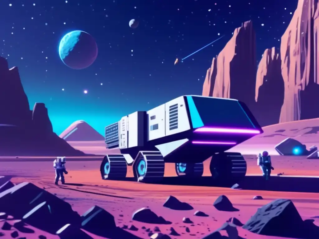Oportunidades de inversión en minería de asteroides: Futurista operación minera espacial en asteroide, con tecnología avanzada y potencial lucrativo